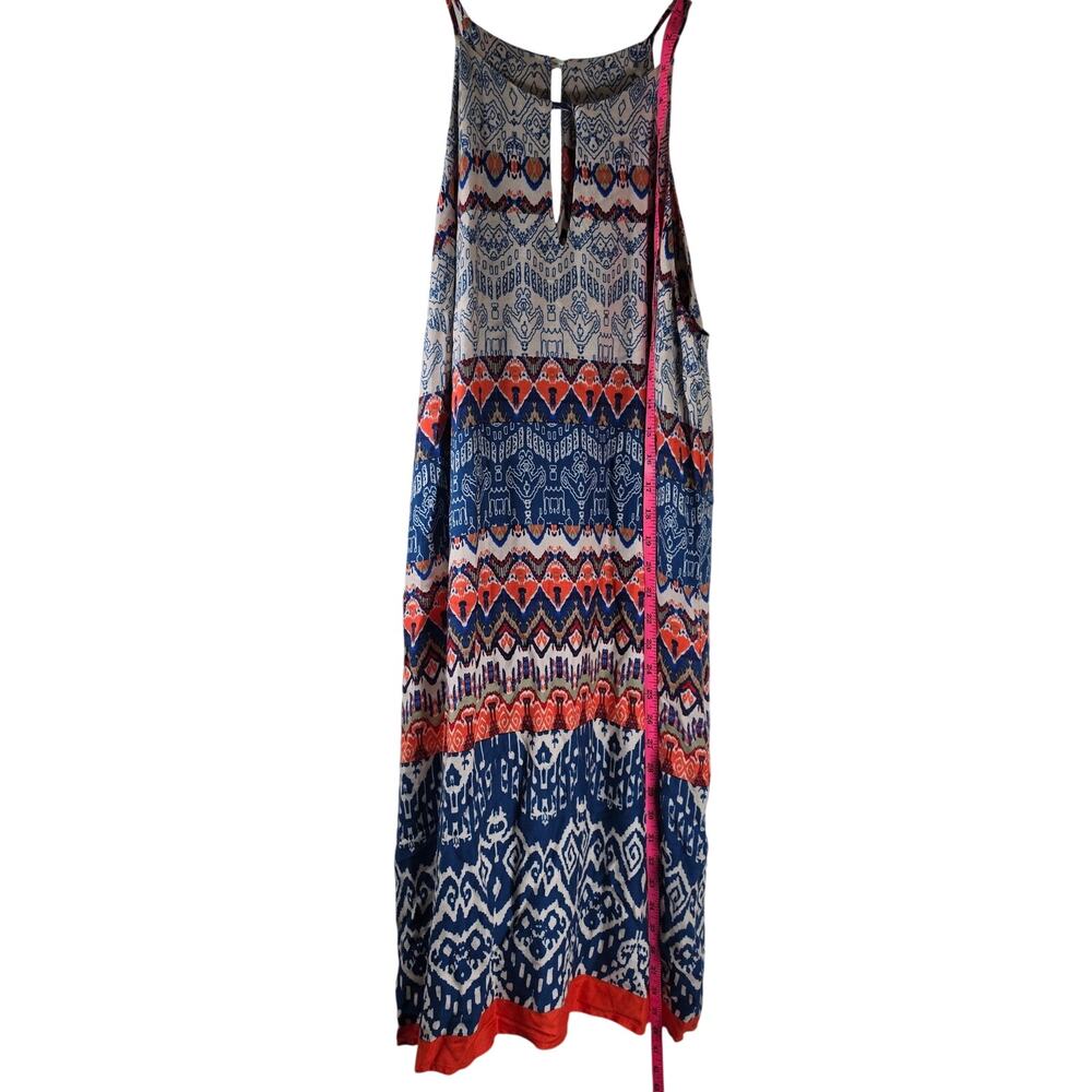 Renee C. Geometric Maxi Dress Large Blue Red Rayon Sleeveless Made in USA